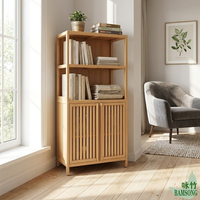 Armoire de rangement en bambou naturel à 2 niveaux, étagère ouverte, double porte à persiennes, vente en gros, écologique, organisateur multi-usages pour la maison
