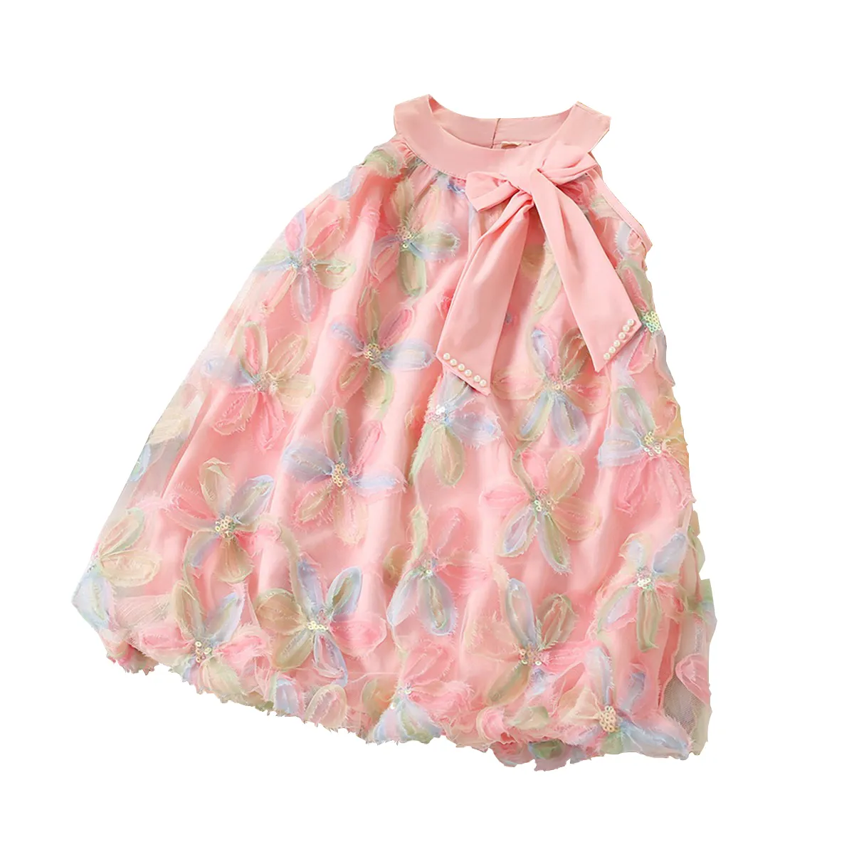 Kız elbisesi 2-12 yaş arası çocuklar için uygun yaz yeni kolsuz omuz askısı ince tül pullu yay kızın prenses elbiseler