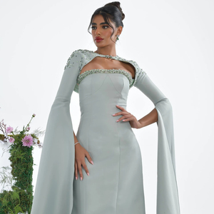 Arabie Saoudite Sauge <span class=keywords><strong>Vert</strong></span> Sirène Robe De Soirée Avec Cape Manches De Luxe Perlé Dubaï Femmes Robes De Soirée De Mariage SZ424 - Product Image 2