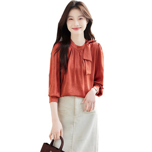 Springtime Bow Tie Blouse Women Long Sleeve Satin Solid Color Work Shirt Orange <b>White</b> - Product Image 5