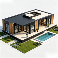 Maison préfabriquée moderne à deux étages, maison modulaire de luxe, structure noire, mur en verre, terrasse en bois, villa dans la cour