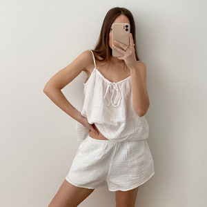 Piyama Vest Halter Seksi Musim Panas 2026 Tanpa Lengan, Set Celana Pendek Katun Murni Dua Lapis, Pakaian Santai Wanita, Bernapas, Elegan - Product Image 3