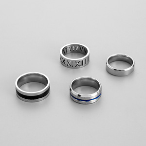 Anillos de Hombre de Moda Hiphop, Juego de 4 Anillos con Números Romanos, Acero Inoxidable, Esmalte Negro - Product Image 2