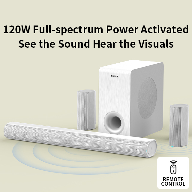 Detachable 4.1ch Sound Bar for Smart TV, 120W Sound Bar with Subwoofer, with Deep Bass & Volume Boost & 3 Equalizer Modes