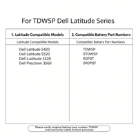 Batterie d'ordinateur portable de remplacement TDW5P 15.4V pour Dell Latitude 5420 5520 Precision 3560, vente en gros d'usine