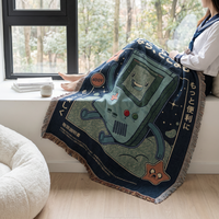 Couverture Jacquard Tissée Personnalisée Motif Anime 130x160cm en Polyester Coton avec Bordure à Pompons, Housse de Canapé Quatre Saisons, Jeté de Lit, Tapisserie