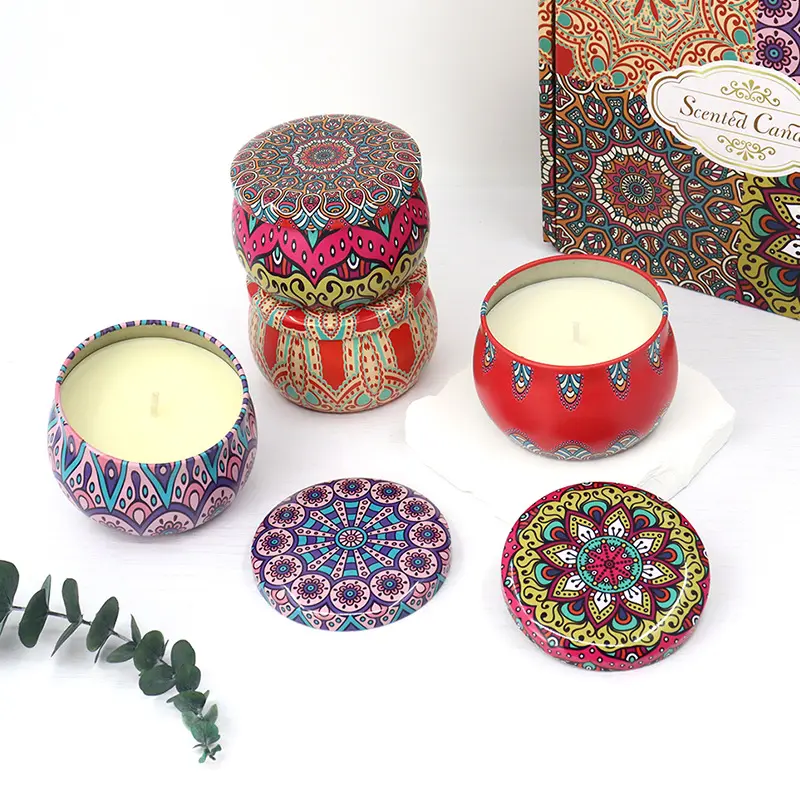 Portable Eco-friendly printed round metal travel tin soy candles with customized box