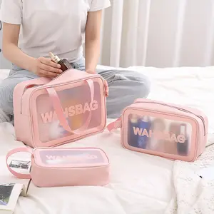 Logotipo personalizado Frosted Pvc Waterproof Trip Toiletry Pouch Kits Mulheres Luxo Beleza Maquiagem Bag Pink Girl Travel Clear Cosmetic Bags