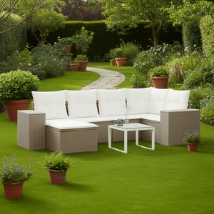 Ensemble de canapés de jardin en rotin beige, structure en acier, verre trempé, mobilier d'extérieur, design contemporain, 6 places, résistant aux intempéries - Product Image 2