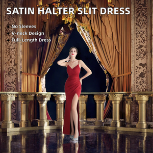 19228# New <b>Satin</b> Long <b>Halter</b> Slit Socialite Dinner Slim Dresses Wedding Floor-Length Ball Gown Empire Spaghetti Strap Chiffon - Product Image 2