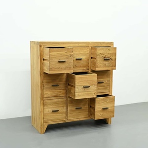 Cómoda Antigua de Teca con 9 Cajones Hechos a Mano y Patas Cónicas, Cajonera de Madera Reciclada con Textura Envejecida para Dormitorio - Product Image 3