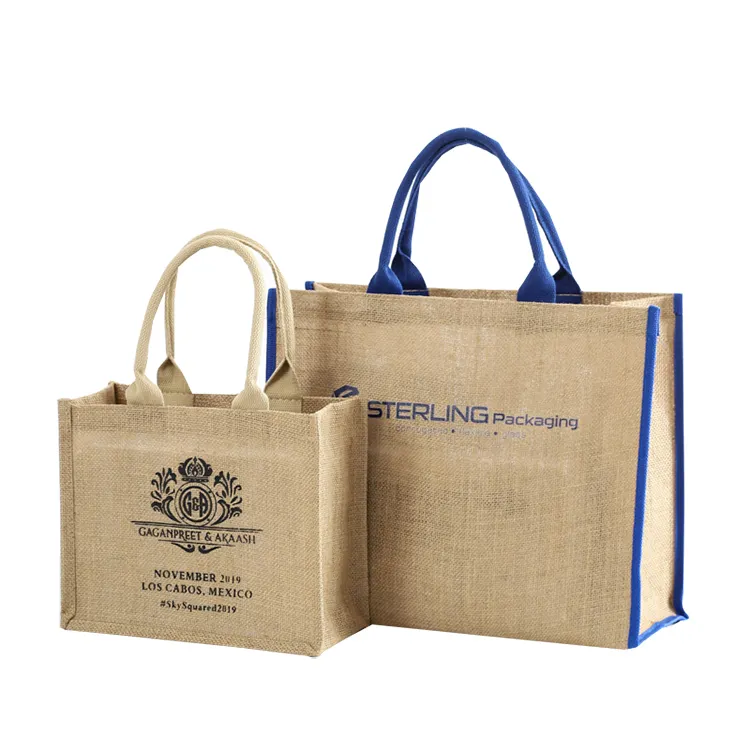 wholesale burlap Handbag Eco Reusable custom printed jute beach tote bag with bamboo handle