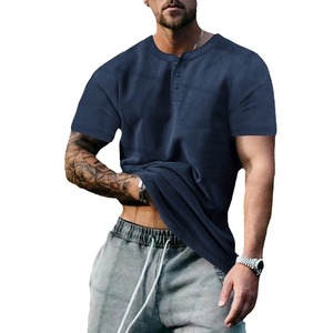 Camiseta Henley de Cuello Redondo y Manga Corta para Hombre, Color Sólido, Corte Regular, 100% Algodón Jersey, Ropa Casual de Verano 2024 - Product Image 3