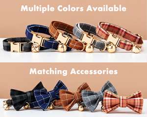 Juego de collar y correa de gato de tartán personalizado de varios colores con lazo, etiqueta de nombre grabada de cachorro de gatito personalizado, campana dorada gratis, pequeña - Product Image 3