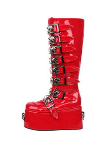 Bottines à plateforme en cuir verni rouge pour femmes, boucle en forme de crâne, style gothique punk, semelle épaisse, mi-mollet, chaussures de soirée - Product Image 2