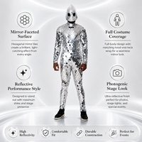 Costume de scène et de danse pour homme, intégral, avec miroirs hexagonaux et casque en forme de goutte d'eau argenté, pour cosplay Alien Sci-Fi, tenue unique