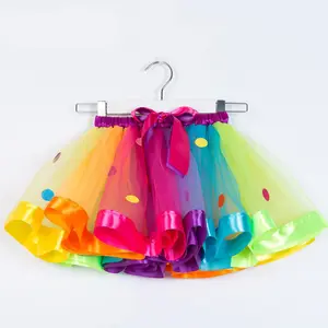 Детская разноцветная пачка с бантом, кружевные радужные платья, балетная мини-юбка для латиноамериканских танцев, пушистая юбка для маленьких девочек