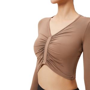 Top corto de lujo para mujer, camiseta de Yoga de manga larga con escote en V profundo para deportes, Fitness, transpirable, Top de entrenamiento para correr, patrón único corto - Product Image 1