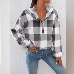 Felpa <span class=keywords><strong>a</strong></span> <span class=keywords><strong>quadri</strong></span> autunno inverno da donna con colletto semiaperto e abbottonato con cappuccio morbido Casual stampato - Product Image 3