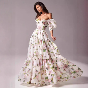 Vestido de Noche de Organza con Estampado Floral y Hombros Descubiertos, Falda Larga, Cintura Imperio, Capa Transparente, Vestido Formal para Mujer - Product Image 1
