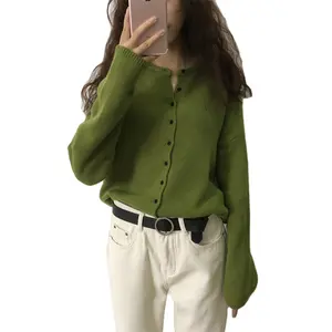 Tendenza all'ingrosso a buon mercato autunno donna coreana semplice manica lunga aperta con bottone anteriore in <span class=keywords><strong>maglia</strong></span> Cardigan <span class=keywords><strong>Crop</strong></span> <span class=keywords><strong>Top</strong></span> maglione corto - Product Image 1