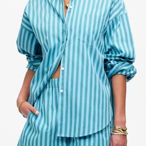 Nuevas llegadas al por mayor: Conjunto de dos piezas de lino y algodón para mujer, camisa modesta a rayas con solapa y pantalones de talle alto. - Product Image 3