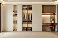 Armoire dressing moderne sur mesure avec cadre en panneaux de particules, portes vitrées, éclairage LED et table de maquillage intégrée pour appartement