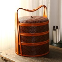 Panier de pique-nique chinois vintage en bambou, panier à nourriture tressé en bambou à plusieurs niveaux avec poignée, panier de rangement traditionnel en bambou