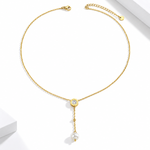 Pearl Drop Y Necklace 14K <b>Gold</b> Vacuum Plated Faux Pearl and Zircon Delicate Lariat Style Link Chain - Product Image 1