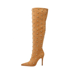 Bottes d'hiver à bout pointu, bottes au-dessus du genou en faux daim à carreaux, talon aiguille haut, bottes sexy pour femmes, bottes hautes à effet froissé - Product Image 6