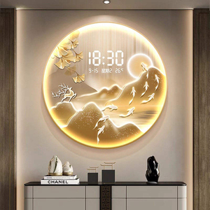 Orologio da Parete LED Rotondo con Display Digitale, Moderno Dipinto Decorativo Illuminato con Paesaggio di Ginkgo, <span class=keywords><strong>Cervi</strong></span> e Pesci Koi - Product Image 1
