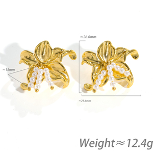 1 Paire de Boucles d'Oreilles Pendantes en Acier Inoxydable Plaqué Or 18K avec Perle Lys et Pompon - Design Texturé 3D Élégant et Polyvalent pour Soirées - Product Image 4