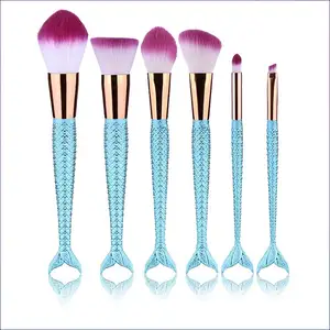 Conjunto de pincéis de maquiagem com cabo de metal para mulheres e meninas de marca própria Bling Mermaid-Handle de luxo