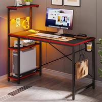 Bureau de jeu rectangulaire en fibre de carbone noire AJUNION, bureau à domicile avec éclairage LED RGB, bureau d'ordinateur avec 4 étagères de rangement et un crochet