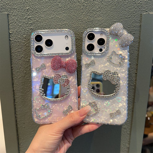 Cartoon Diamond KT Cat Bow Mobile Phone case for <b>iPhone</b> 17 Air 16 15 Pro Max 3D Mirror cute <b>Camera</b> Frame glass DIY back <b>Cover</b> - Product Image 5