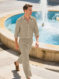 Nuovo <span class=keywords><strong>Completo</strong></span> <span class=keywords><strong>Uomo</strong></span> 2 Pezzi in Misto <span class=keywords><strong>Lino</strong></span> 2026 - Camicia a Maniche Lunghe e Pantaloni con Coulisse, Abbigliamento Estivo per Vacanze - Product Image 3