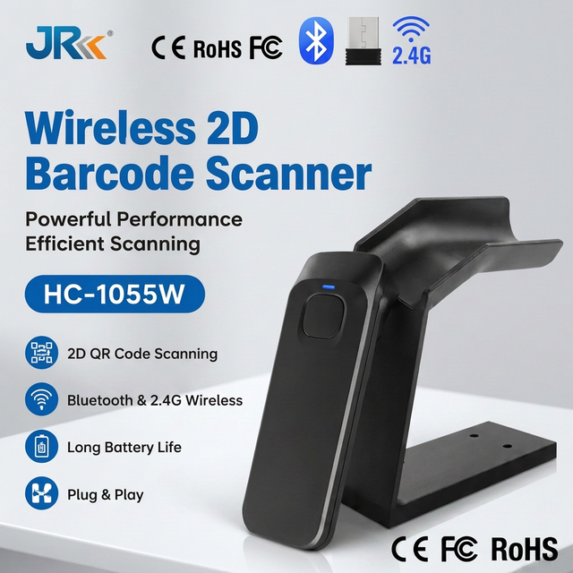 JR 1055W CMOS Auto Sense 2D Barcode Reader Bluetooth Wireless Hands Free Desktop QR Scanner with Bracket CE FCC RoHs