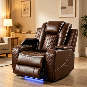 Fauteuil inclinable de luxe traditionnel en cuir noir pour <span class=keywords><strong>cinéma</strong></span> maison, avec éclairage LED, porte-gobelet et rangement, à coutures diamantées - Product Image 3