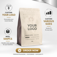 Sacs à café personnalisés avec logo du fabricant, 500g/1kg, fond plat, avec valve et fermeture éclair