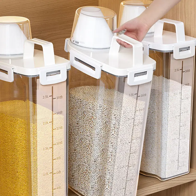 3L Plastic Food Airtight Grain Storage Bin Cereal Dispenser Transparent Tank Rice Bucket Container With Measuring Cup