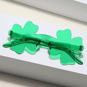 Lunettes de soleil trèfle à quatre feuilles, monture PC verte sans cadre, style bouclier, unisexe, légères, verres décoratifs miroir - Product Image 3