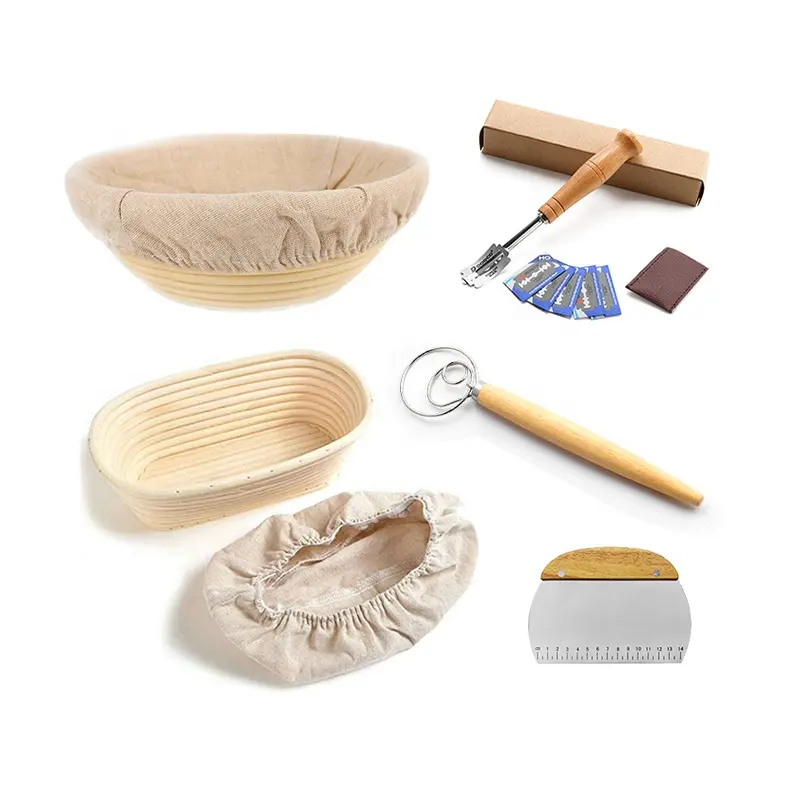 Walfos Rattan Bread Dough Proof Banneton Baking Tool Sourdough Proving Basket Kits Set of 2 Round and Oval 9.8 inch for Bake