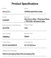 Câble de données tressé ultra-fin Yesido PD27W à charge rapide Type-C vers IP 1,2 m CA206P