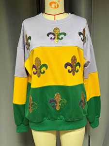 Mardi Gras Sequin Sweatshirt <strong>Women</strong> Oversized Color Block Pullover <strong>Sparkly</strong> Fleur De Lis Festival Top - Product Image 1
