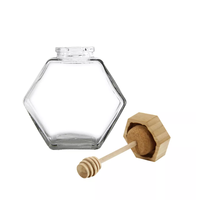 Pot en verre hexagonal pour miel de 100 ml, 220 ml, 380 ml avec cuillère en bois et couvercle en liège