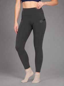 Women's Dark Grey Solid Active Wear Ankle Length Tights with Convenient Mobile Pocket Stretch Lycra <b>Leggings</b> for <b>Gym</b> Fitness - Product Image 3