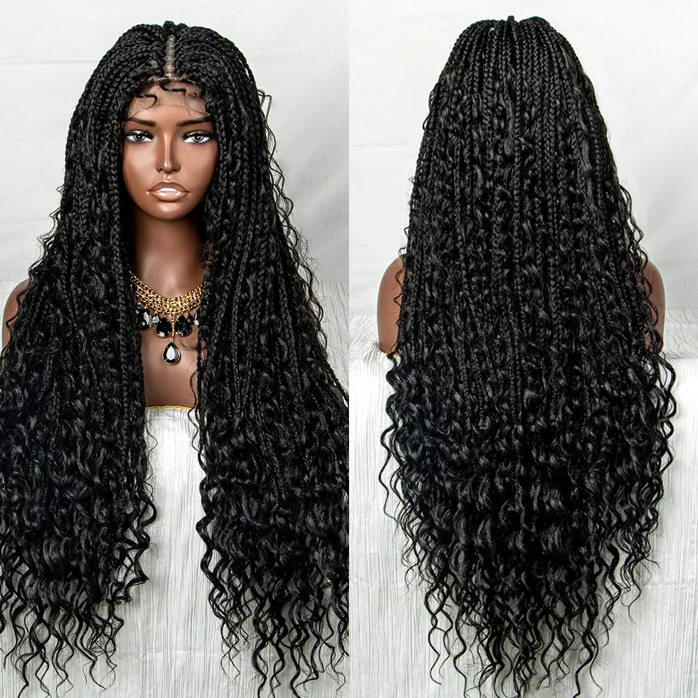 Boho Box Braid Wigs Embroidery Bohemian Braids Wigs Double Full Lace Knotless Goddess Locs with Curly Ends Square Part Bra