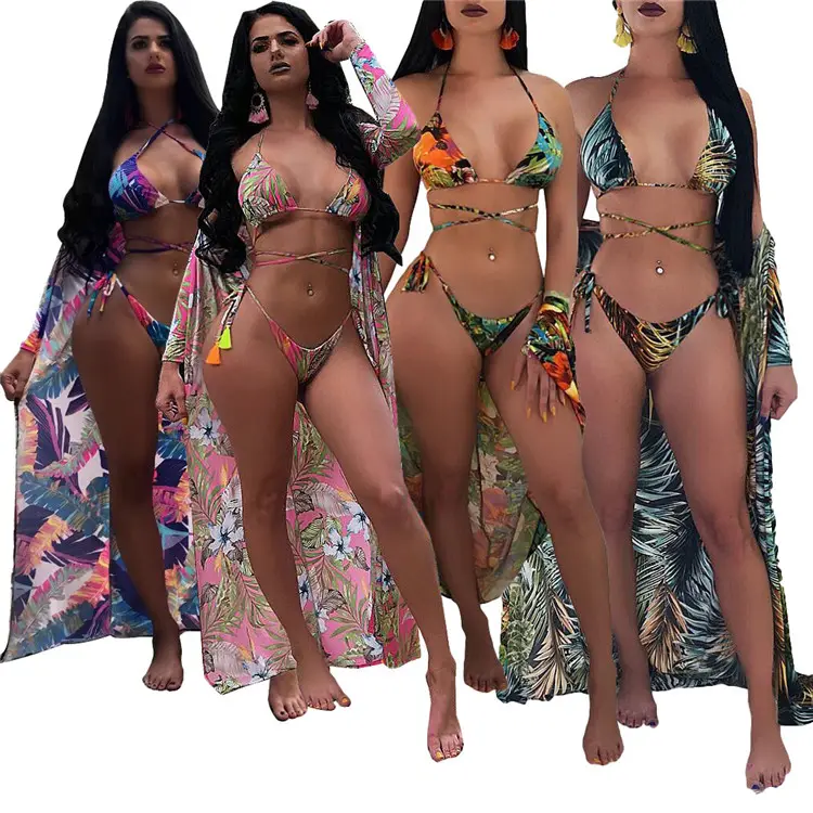 2020 Vrouwen Drie Stukken Printing Sexy Badmode Badpak Vrouwen Beachwear Bikini Met Cover Up Badpakken