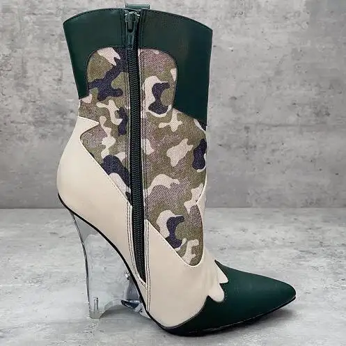 Neuankömmling Clear Wedge Damen High Heel Stiefeletten in Camouflage Green