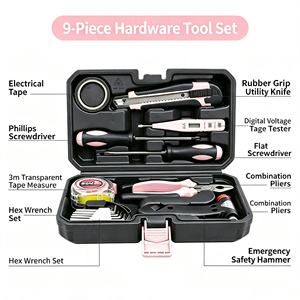 Kit d'outils ménagers rose 9 pièces, ensemble d'outils manuels de bricolage avec marteau et tournevis pour femmes, réparation à domicile et dortoir universitaire - Product Image 1